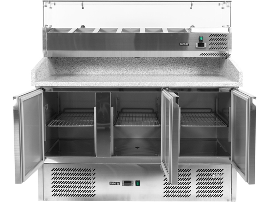 STÓŁ CHŁODNICZY 3-DRZWIOWY DO PIZZY Z NADSTAWKĄ I BLATEM GRANITOWYM