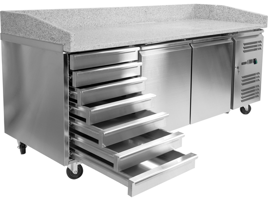 STÓŁ CHŁODNICZY 2-DRZWIOWY DO PIZZY Z 7 SZUFLADAMI I BLATEM GRANITOWYM