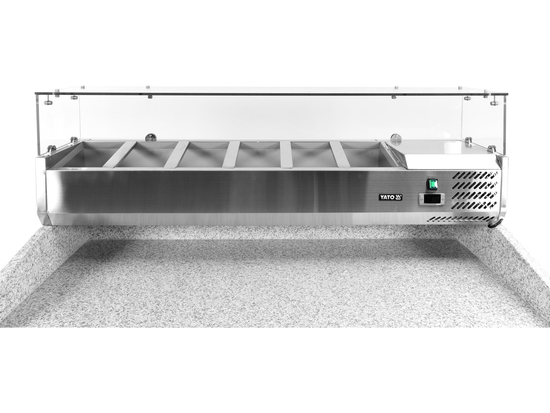 STÓŁ CHŁODNICZY 3-DRZWIOWY DO PIZZY Z NADSTAWKĄ I BLATEM GRANITOWYM