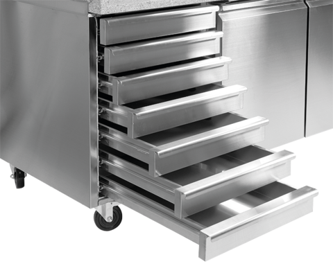 STÓŁ CHŁODNICZY 2-DRZWIOWY DO PIZZY Z 7 SZUFLADAMI I BLATEM GRANITOWYM