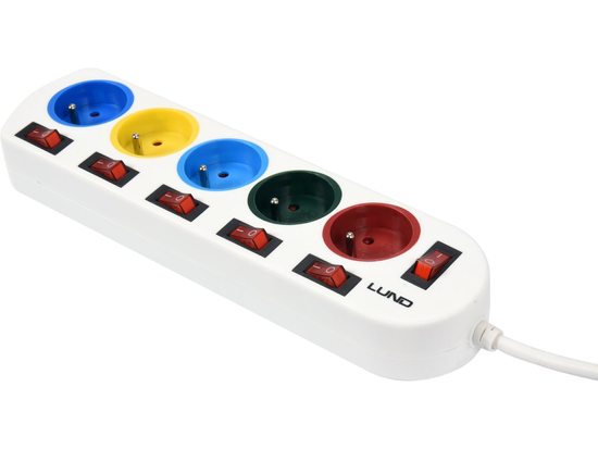 PRZEDŁUŻACZ LISTWA PRĄDOWA 5 GNIAZDEK Z UZIEMIENIEM KAŻDE Z INDYWIDUALNYM WŁĄCZNIKIEM