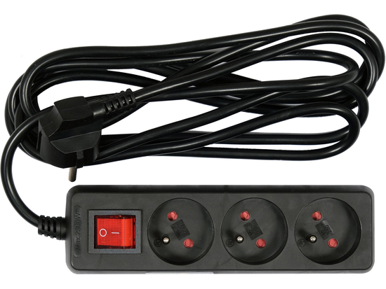 PRZEDŁUŻACZ ELEKTRYCZNY, CZARNY, 3 GNIAZDA Z UZIEMIENIEM, 3 M Z WYŁĄCZNIKIEM