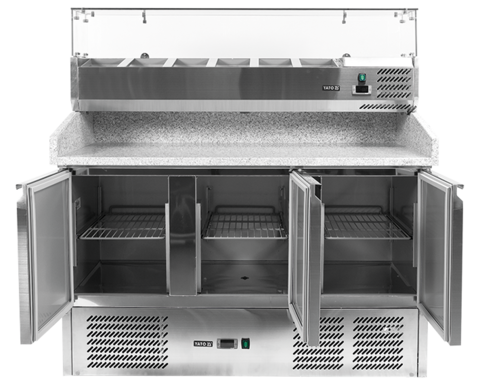 STÓŁ CHŁODNICZY 3-DRZWIOWY DO PIZZY Z NADSTAWKĄ I BLATEM GRANITOWYM