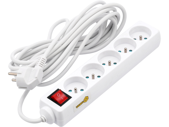 PRZEDŁUŻACZ ELEKTRYCZNY, BIAŁY, 5 GNIAZD Z UZIEMIENIEM, 5M Z WYŁĄCZNIKIEM