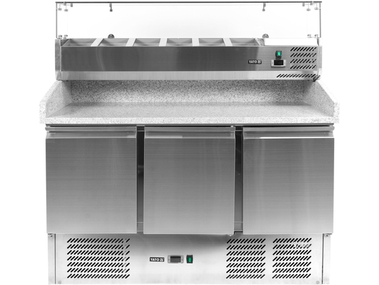 STÓŁ CHŁODNICZY 3-DRZWIOWY DO PIZZY Z NADSTAWKĄ I BLATEM GRANITOWYM