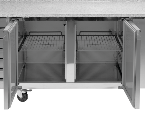 STÓŁ CHŁODNICZY 2-DRZWIOWY DO PIZZY Z 7 SZUFLADAMI I BLATEM GRANITOWYM